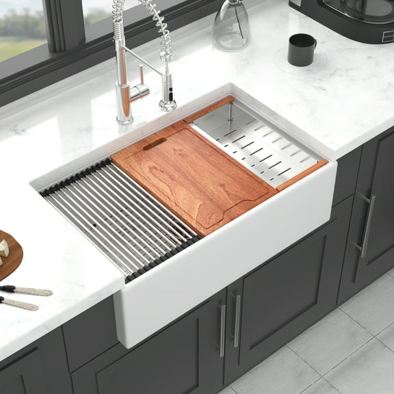 30 x 20 x 10 inch White Farmhouse Sink Workstation - Porcelain Ceramic Single Bowl Farm Kitchen Sink
