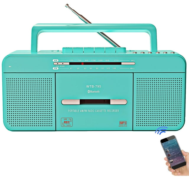 Grabador portátil con reproductor de casetes retro, Bluetooth, USB, verde azulado