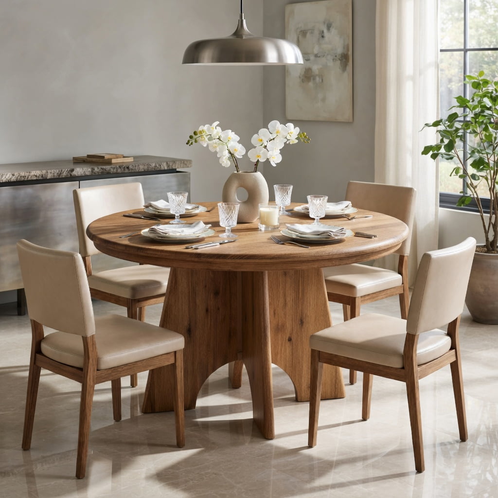 Hommoo 47 Inch Solid Wood Round Dining Table, Farmhouse Kitchen Table for 4-6 People, Rustic Modern Breakfast & Living Room Table, Natural