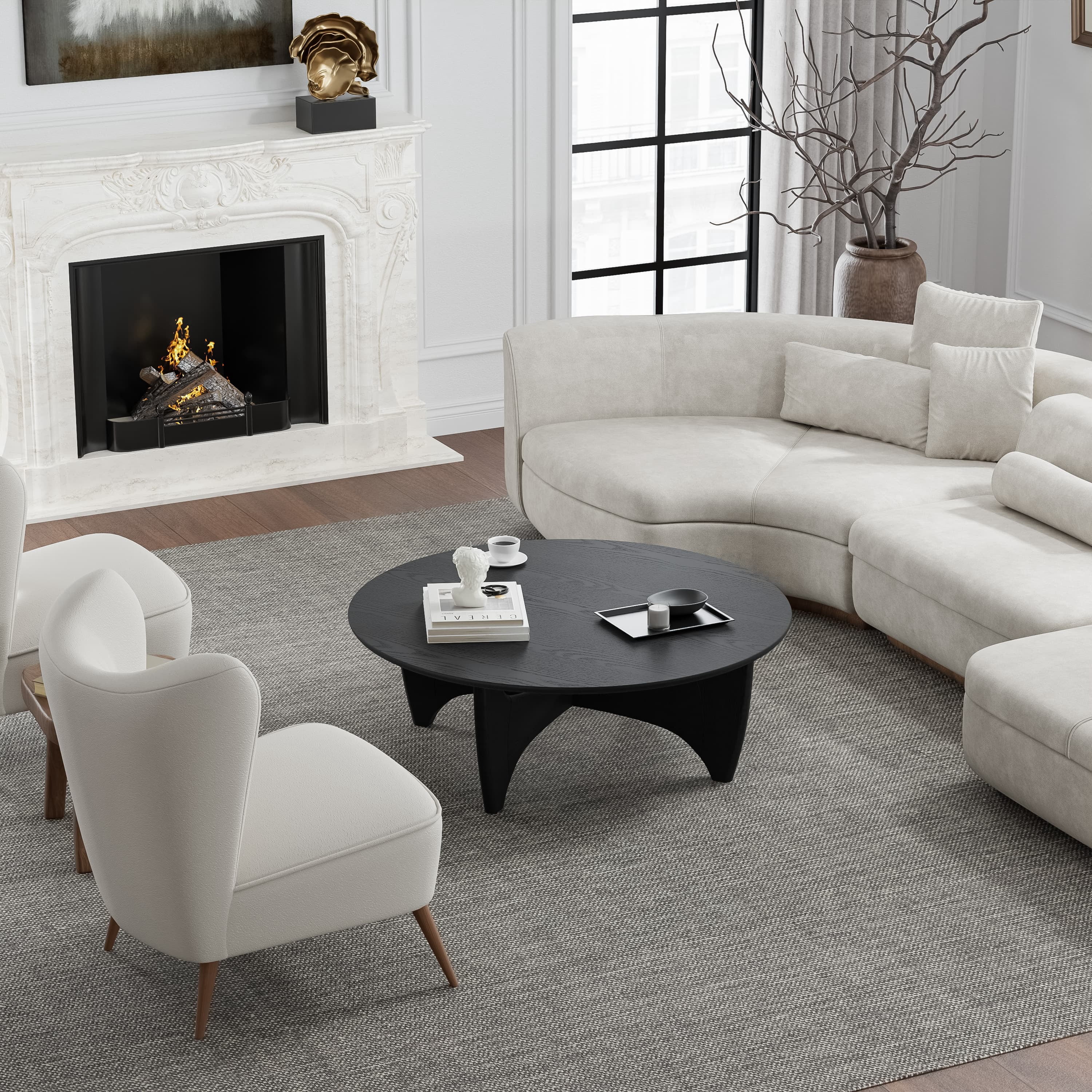 MAYEERTY 38"x38"x16" Solid Wood Coffee Table Round Sofa Table,Black