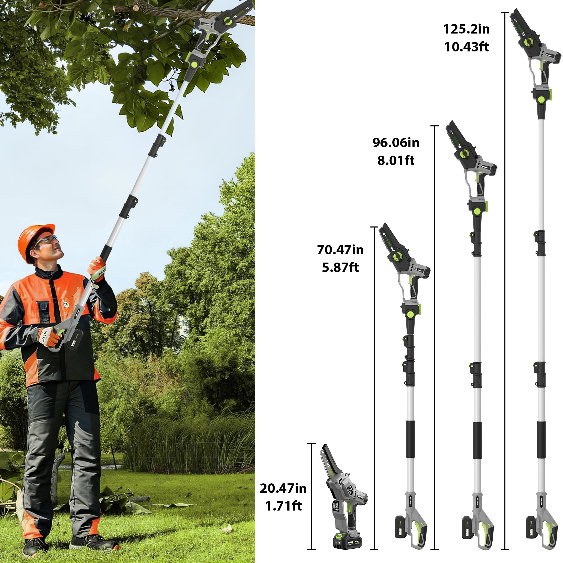 Vipuse 2-in-1 Cordless Pole Saw with Two 4.0Ah Rechargeable Batteries and 2.0Ah Fast Charger,16 FT Max Extension,7 Inch Mini Brushless Chainsaws for Tree Trimming