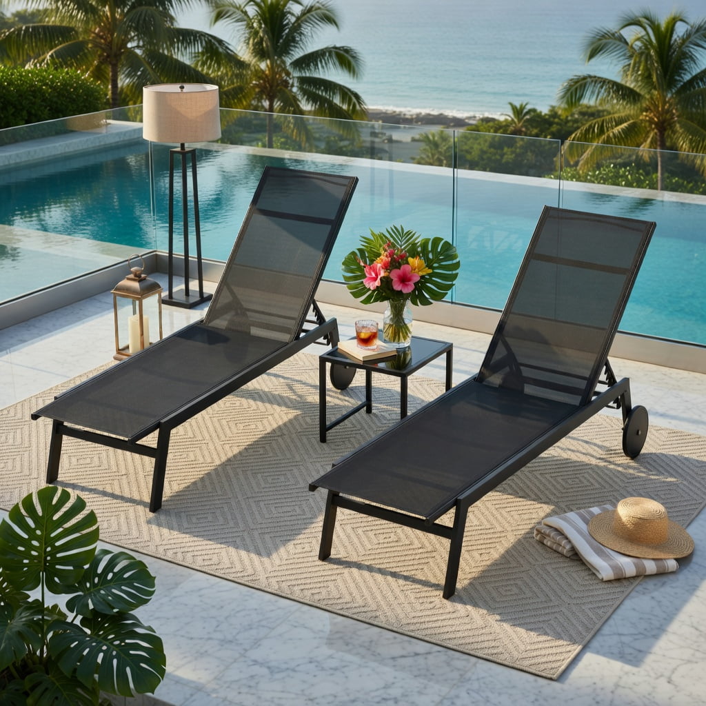 Hommoo 2-Pack Patio Chaise Lounge Chairs with 6-Position Adjustable Backrest, Rolling Wheels & Sturdy Metal Frame for Poolside, Deck & Backyard, Black