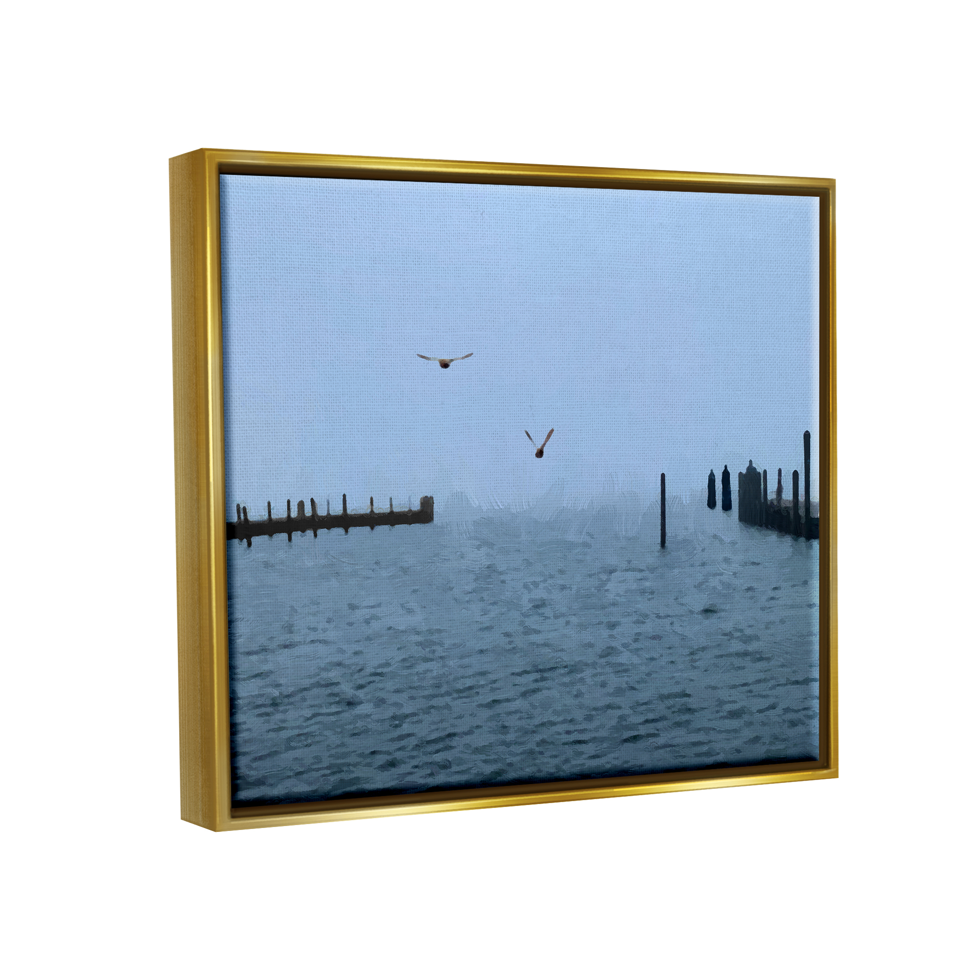 Stupell Industries Seagulls Over Ocean Dock Waters Coastal Photography Gold Floater Framed Art Print Wall Art