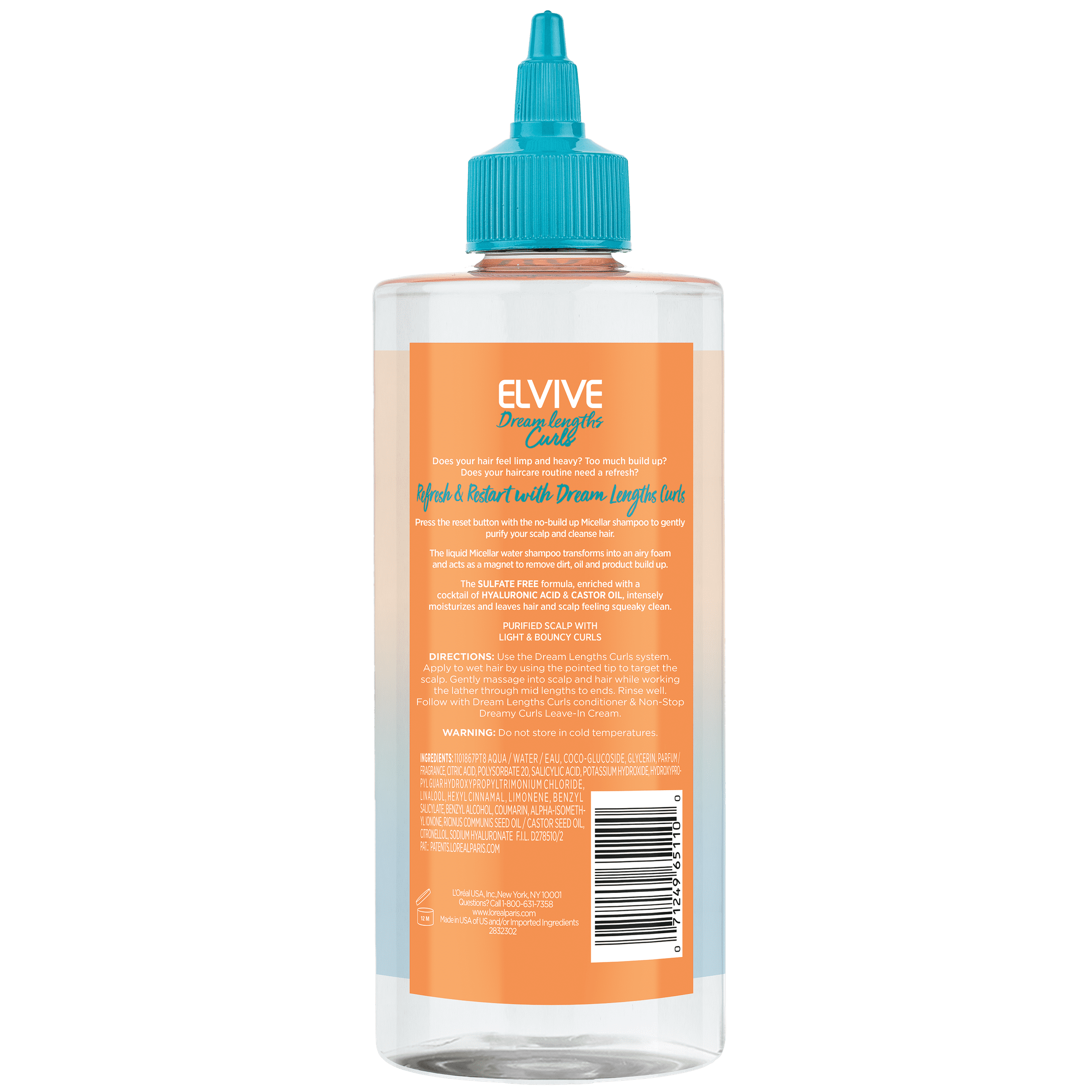 L'Oreal Paris Elvive Dream Lengths Curls No Build up Micellar Shampoo, for Curly Hair, 16.9 fl oz
