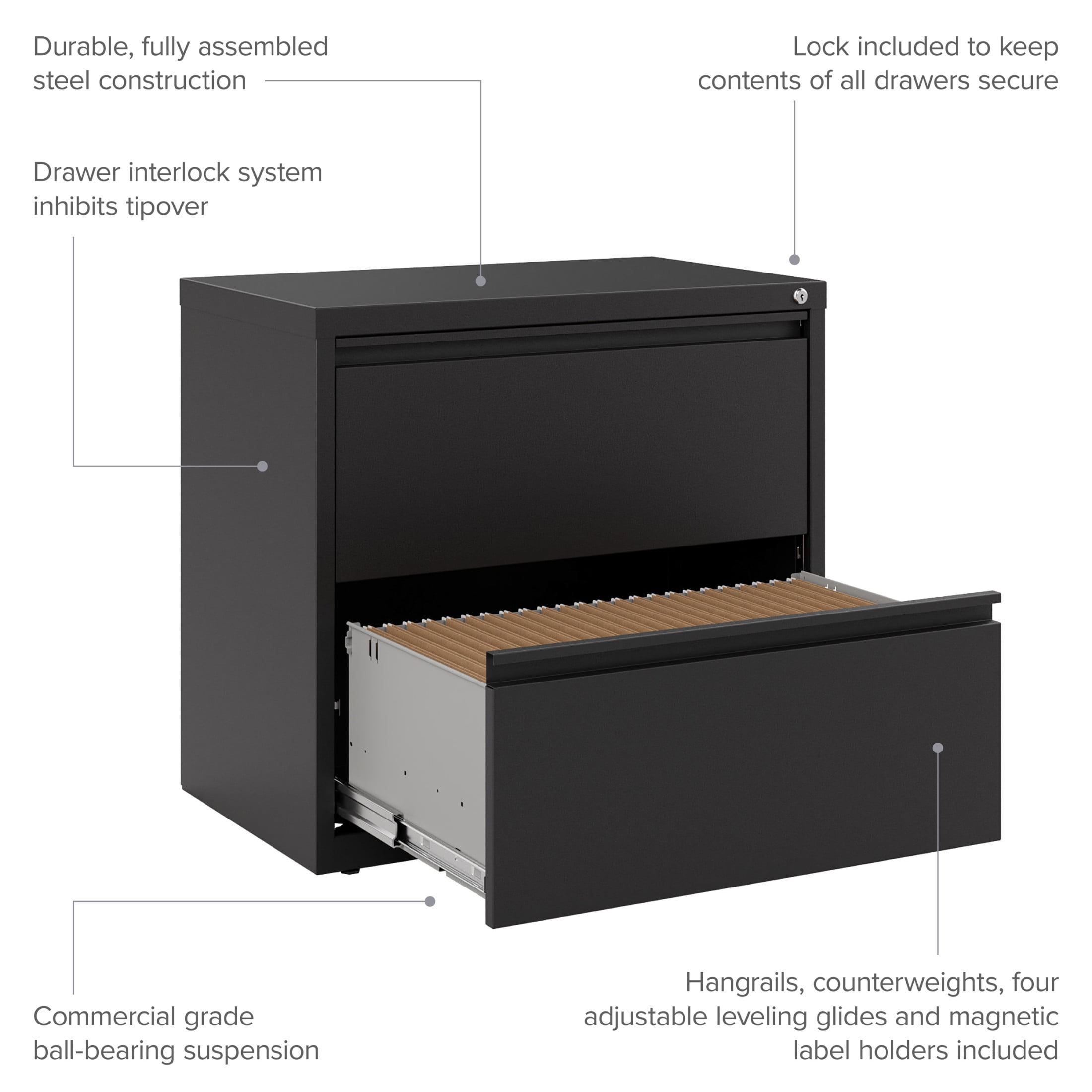 Hirsh 30 inch Wide 2 Drawer Metal Lateral File Cabinet for Home and Office, Holds Letter, Legal and A4 Hanging Folders, Black