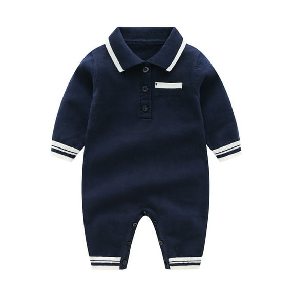 PINQI Toddler Comfy Bodysuit Baby Girls Boys Knit Sweater Patchwork Spring Winter Long Sleeve Romper Solid Color Button Jumpsuit Clothes(A-Navy,9-12 Months)
