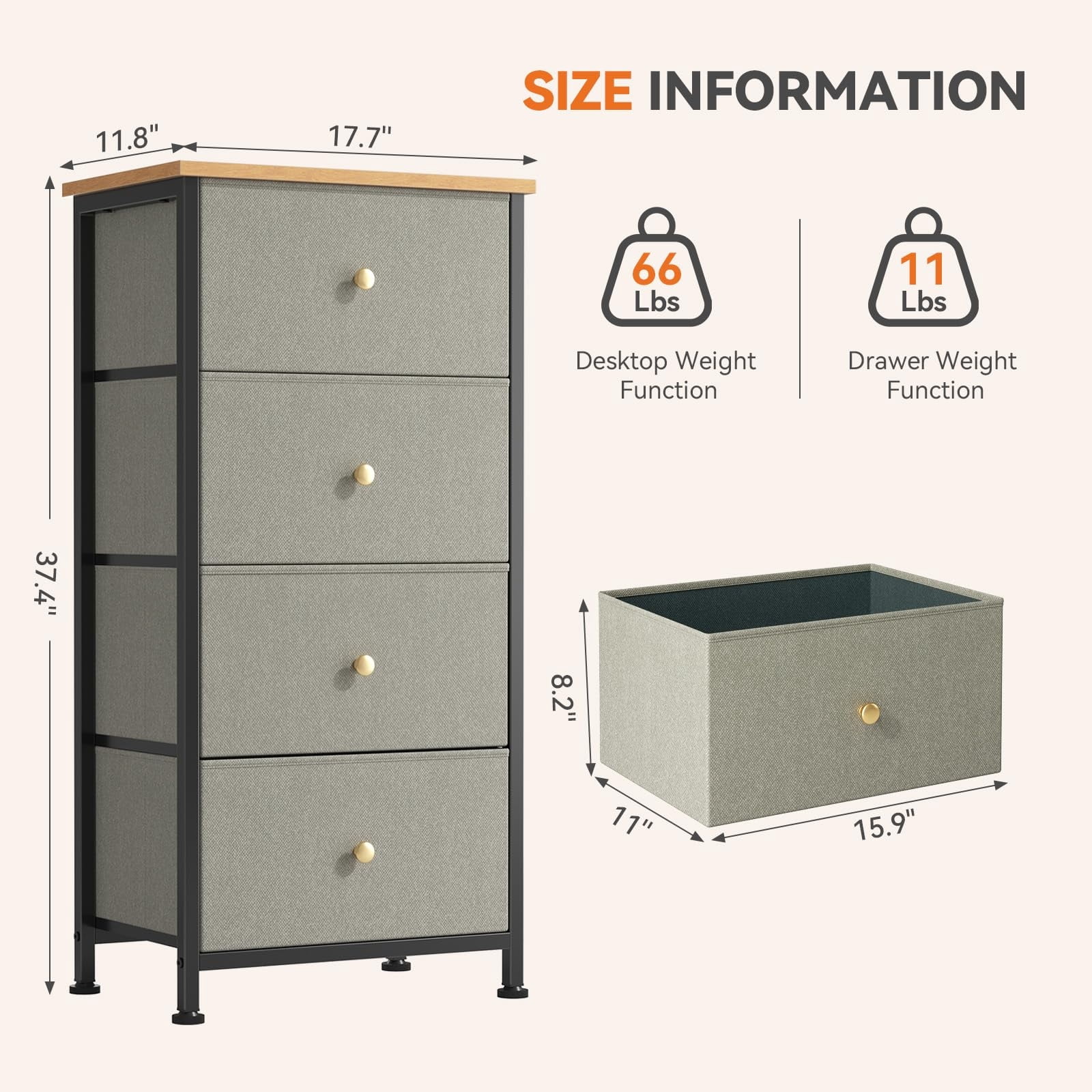 Telyra 4-Drawer Fabric Dresser 37.4" Tall Storage Tower with Wood Top and Steel Frame Narrow Organizer, Greyish Green