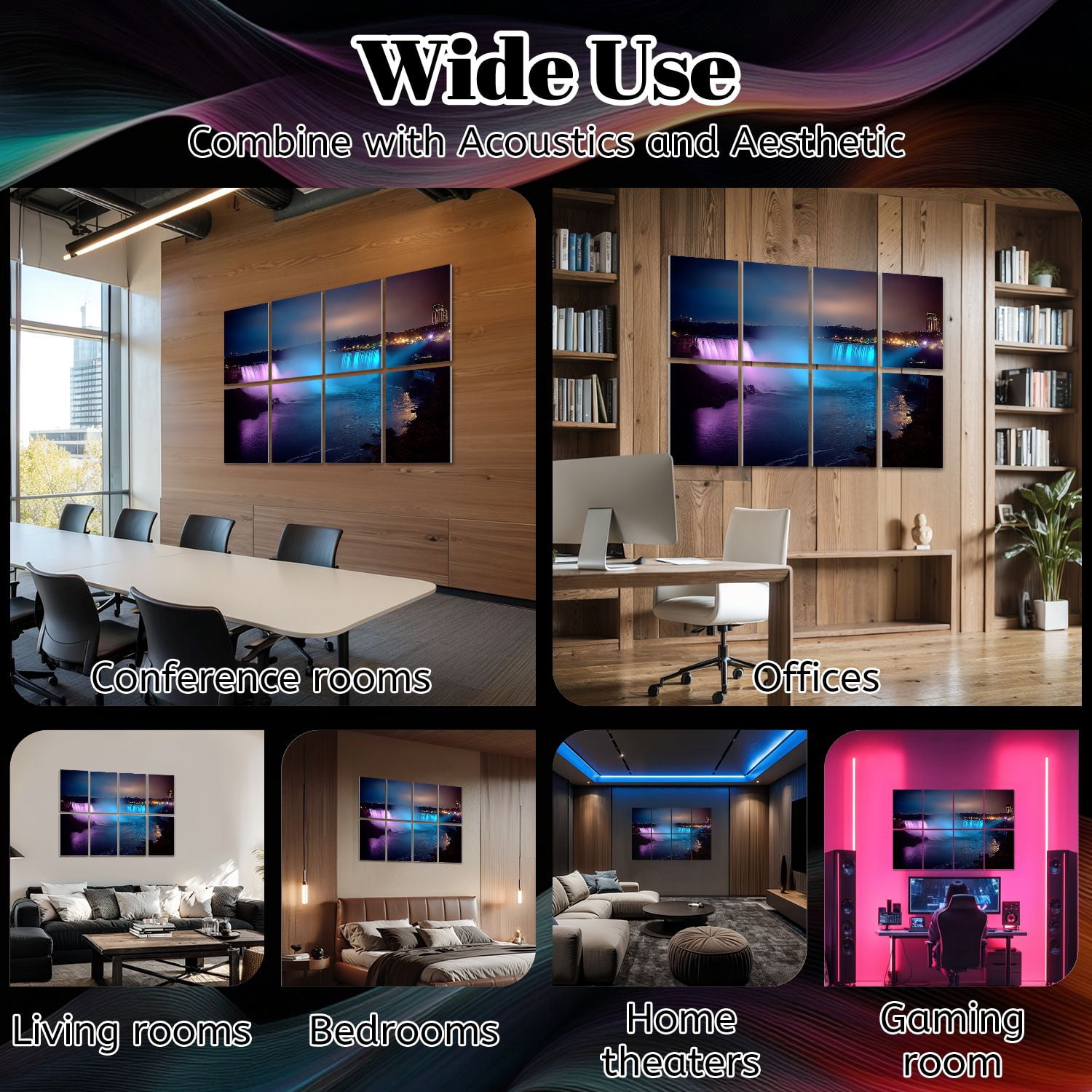 8 Pack Art Acoustic Panels Sound Absorbing Niagara Falls night Canada North America Decorative Soundproof Wall Panels Self Adhesive for Nursery Game Room Bedroom 48"x32"