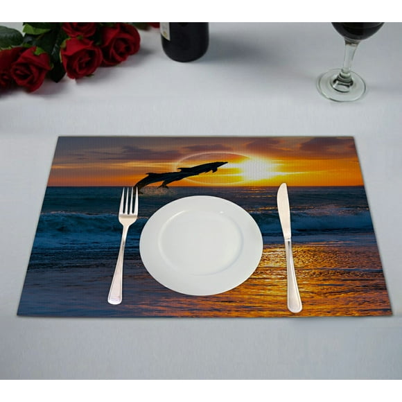EREHome Couple dolphins jumping on the water with solar eclipse Placemat Table Mat Cup Mat 12x18 inch,Set of 2