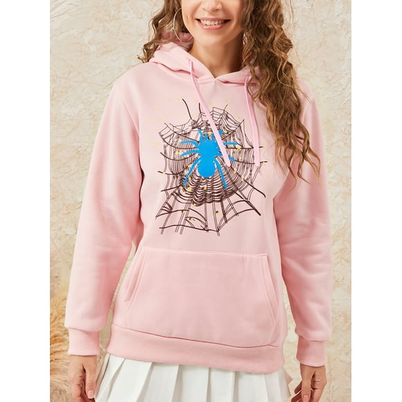 AIGUR Women Halloween Hoodie, Long Sleeve Hooded Cobweb Spider Print Sweatshirt Pullover Fall Tops with Pocket