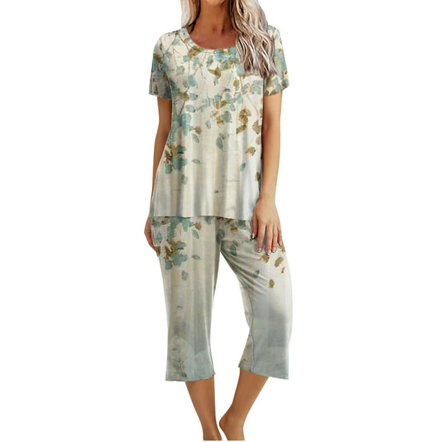 PEZHADA Ensembles 2 Pcs pour Femmes Ensembles Assortis de Détente Deux Pièces Pantalons en Lin Col Ras du Cou Manches Courtes Hauts Vêtements de Détente Pyjamas Vêtements Tendance Ensemble de Vacances d'Été Vert