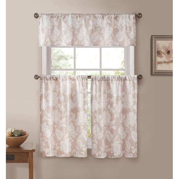3-Piece Ewva Linen Look Jacquard Set Pole Top Kitchen Curtain 55 in. W x 15 in. L in Taupe