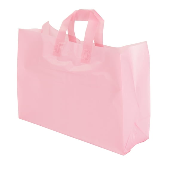 SSWBasics Large Pink Frosted Plastic Shopping Bags - 16" x 6" x 12" - Case of 100 - Ideal