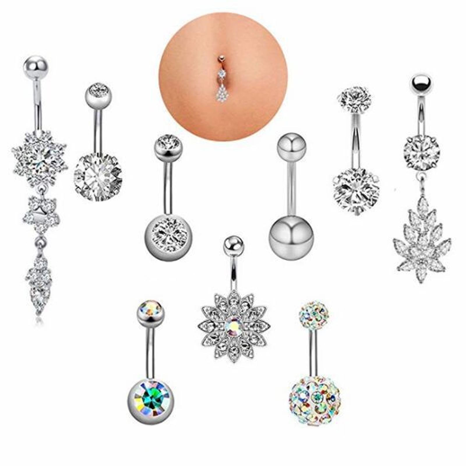 9Pcs/Lot Women Belly Rings Set Stainless Steel Navel Rings 9 Colors Cubic Zircon