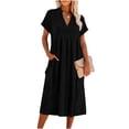 thumbnail image 6 of Kojanyu Women's Summer Fashion Solid Color V-Neck Short Sleeve Pocket Knee-Length Dress – Lightweight Casual Cotton-Like Polyester Midi Dress for Daily Wear, 6 of 6