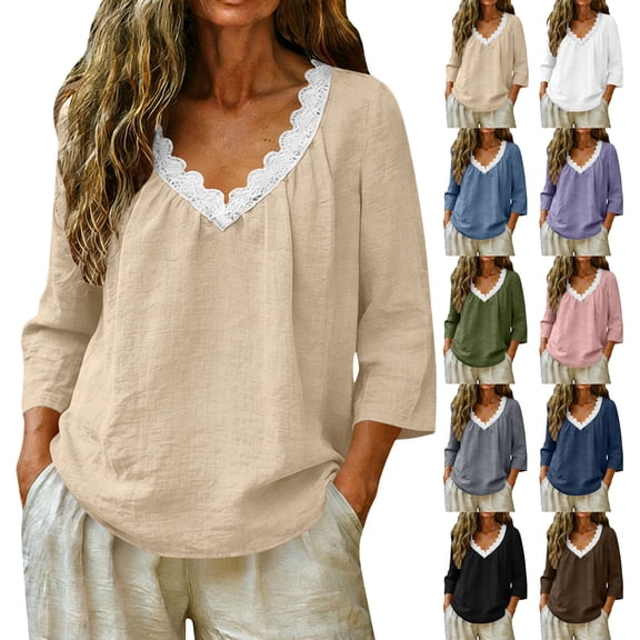 Paiwinds Women's V Neck Lace Trim Top Casual Solid Color 3/4 Sleeve Loose Fit Cotton Linen Blouse Summer Tunic Shirt