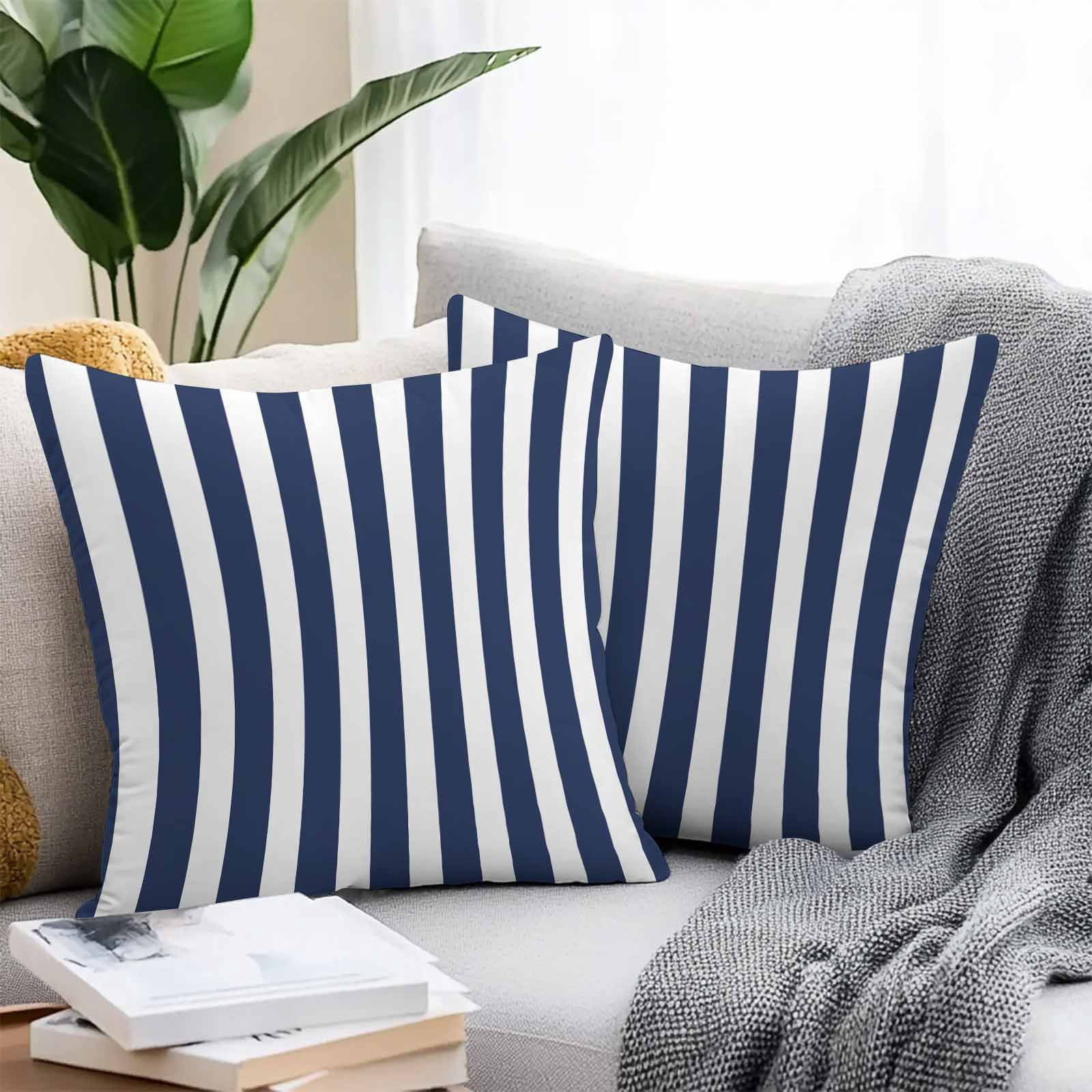 Throw Pillow Covers 24x24 Inch Set of 2, Navy Blue Striped Waterproof Outdoor Pillow Covers, Modern Farmhouse Blue White Stripes Decorative Cushion Pillowcases for Couch, Sofa, Bed, Garden, Patio