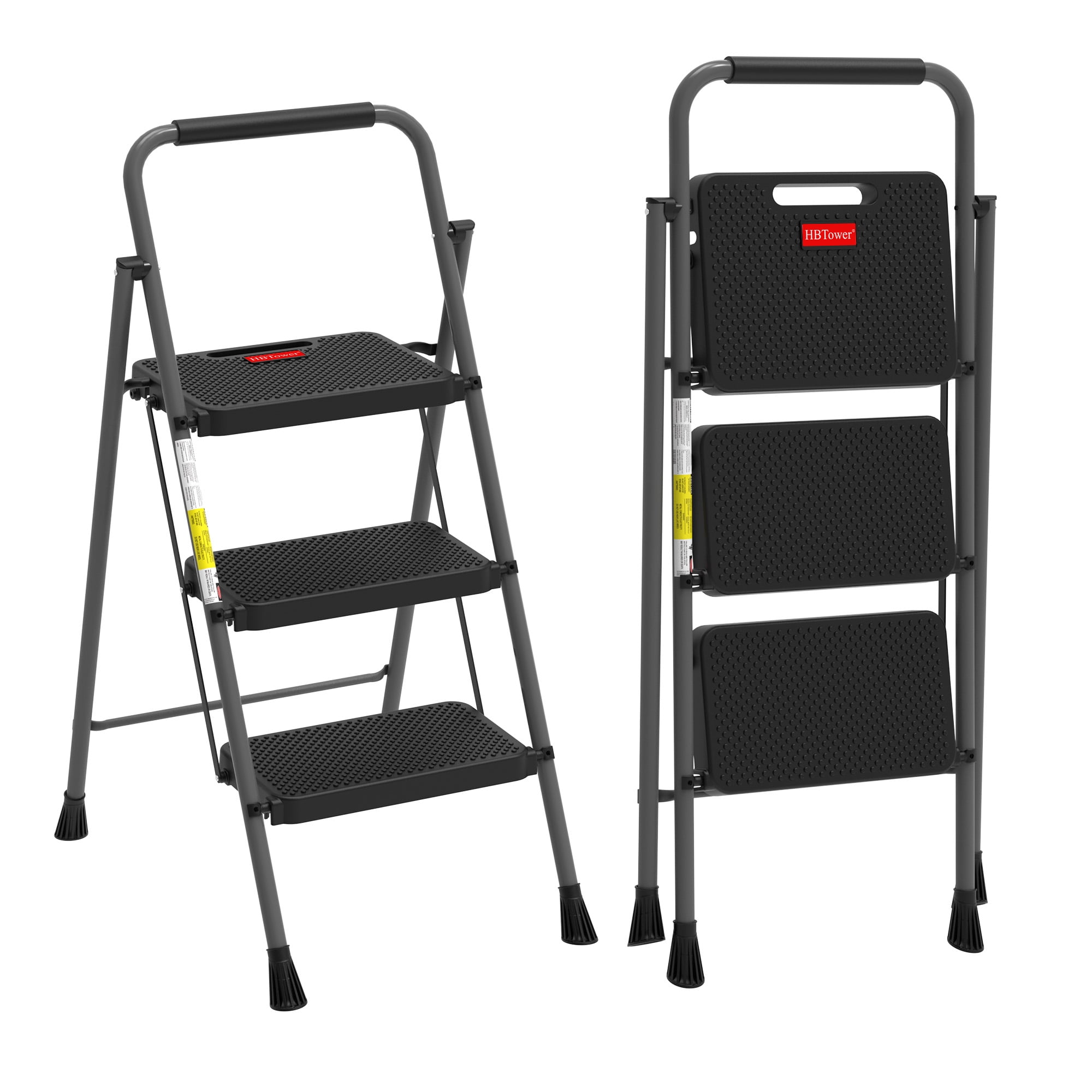 HBTower 3 Step Folding Ladder, Lightweight & Portable Step Stool with Extra-Wide Anti-Slip Pedal & Safety Grip Rail, for Kitchen, Garage & Outdoor, Gray