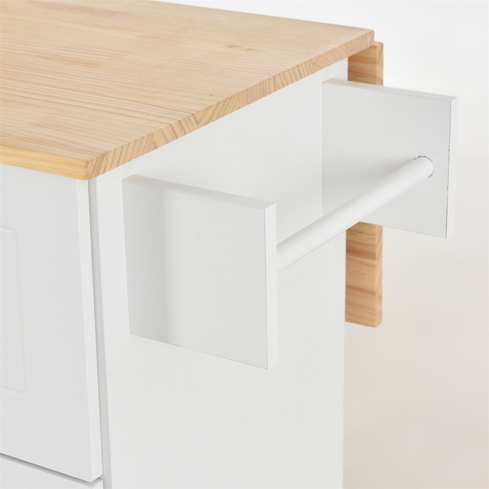 Kitchen Island Cart with Drop-Leaf Tabletop and Locking Wheels, 52.7" Large Kitchen Trolley Cart with 2 Door Cabinet and 3 Storage Drawers, Spice Rack Towel Rack, Rolling Kitchen Island Cart, White