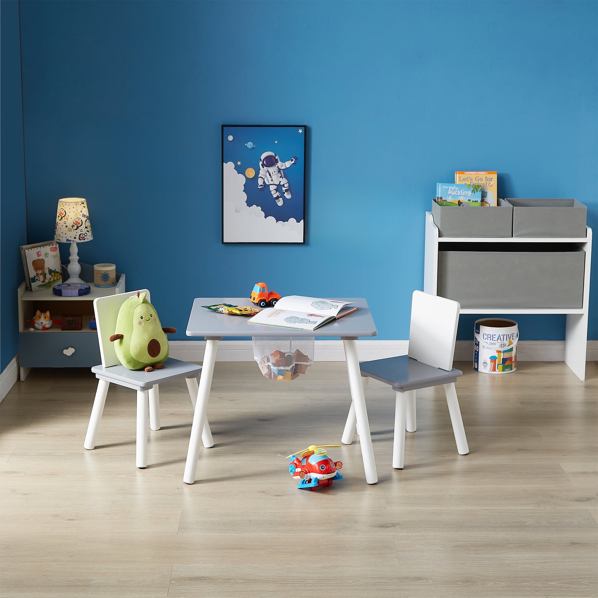 VECELO Kids Table and Chair Set with Storage, Toddler Study Table and Chair for Age 2-8, Small Childrens Activity Table with 2 Seats for Daycare, Classroom, Home, White + Grey
