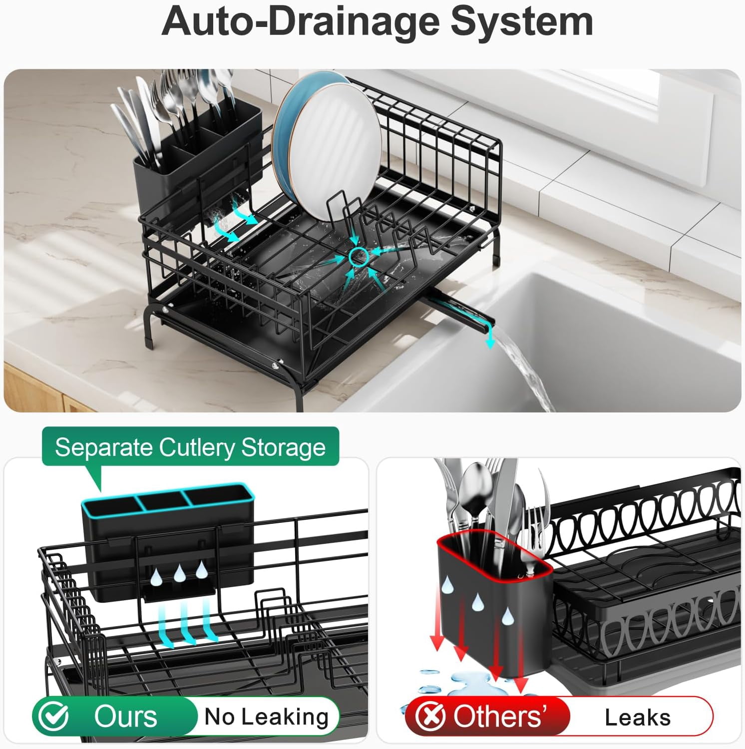 Expandable Dish Drying Rack - Anti-Rust 2-in-1 Dish Racks for Kitchen Counter and Sink, Compact Dish Drainer with Pan Slot, Dish Rack with High Raised Edges for RV and Apartment, Black