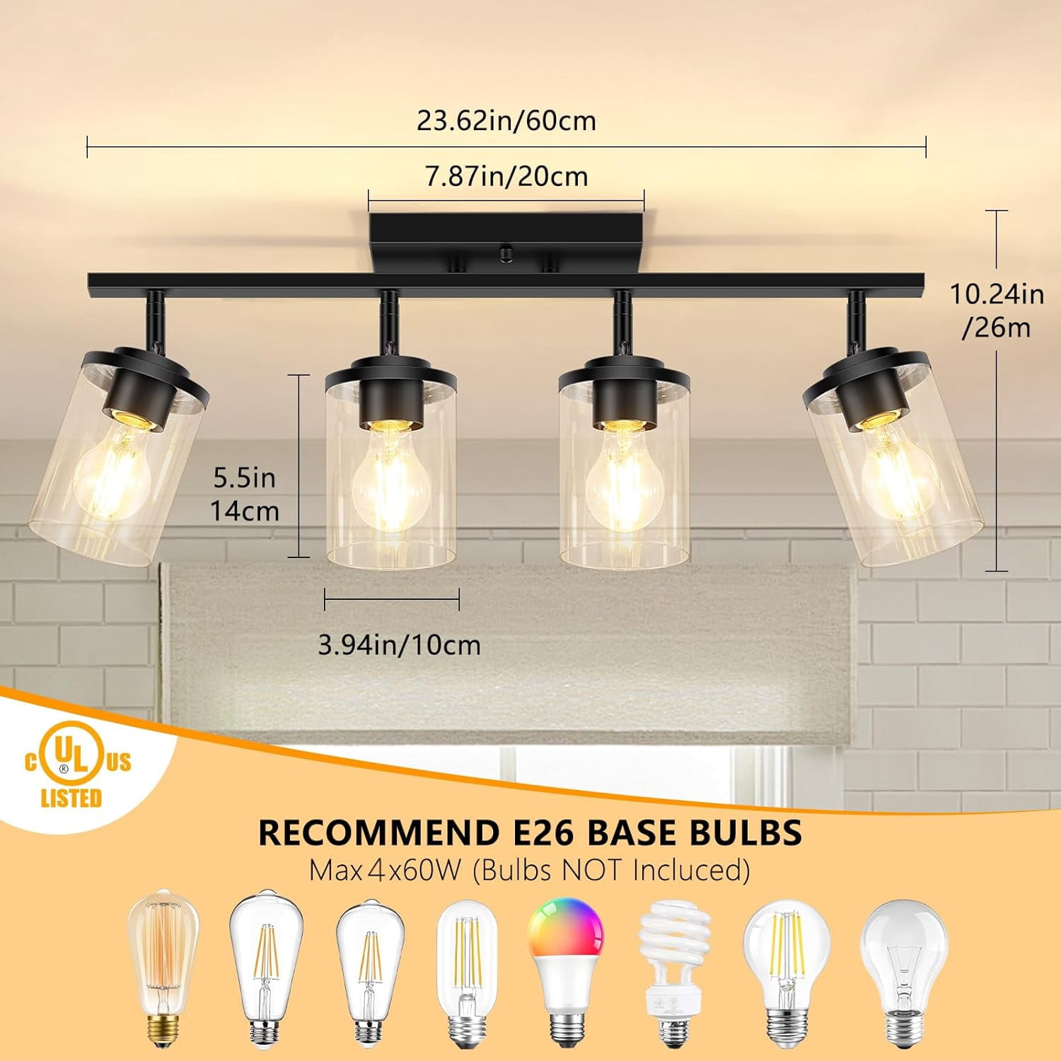 4-Lights Track Lighting Fixtures Ceiling with Clear Glass Shades, Modern Black Semi Flush Mount Ceiling Light, Rotatable Wall Mount Ceiling Lamp for Kitchen Hallway Bedroom