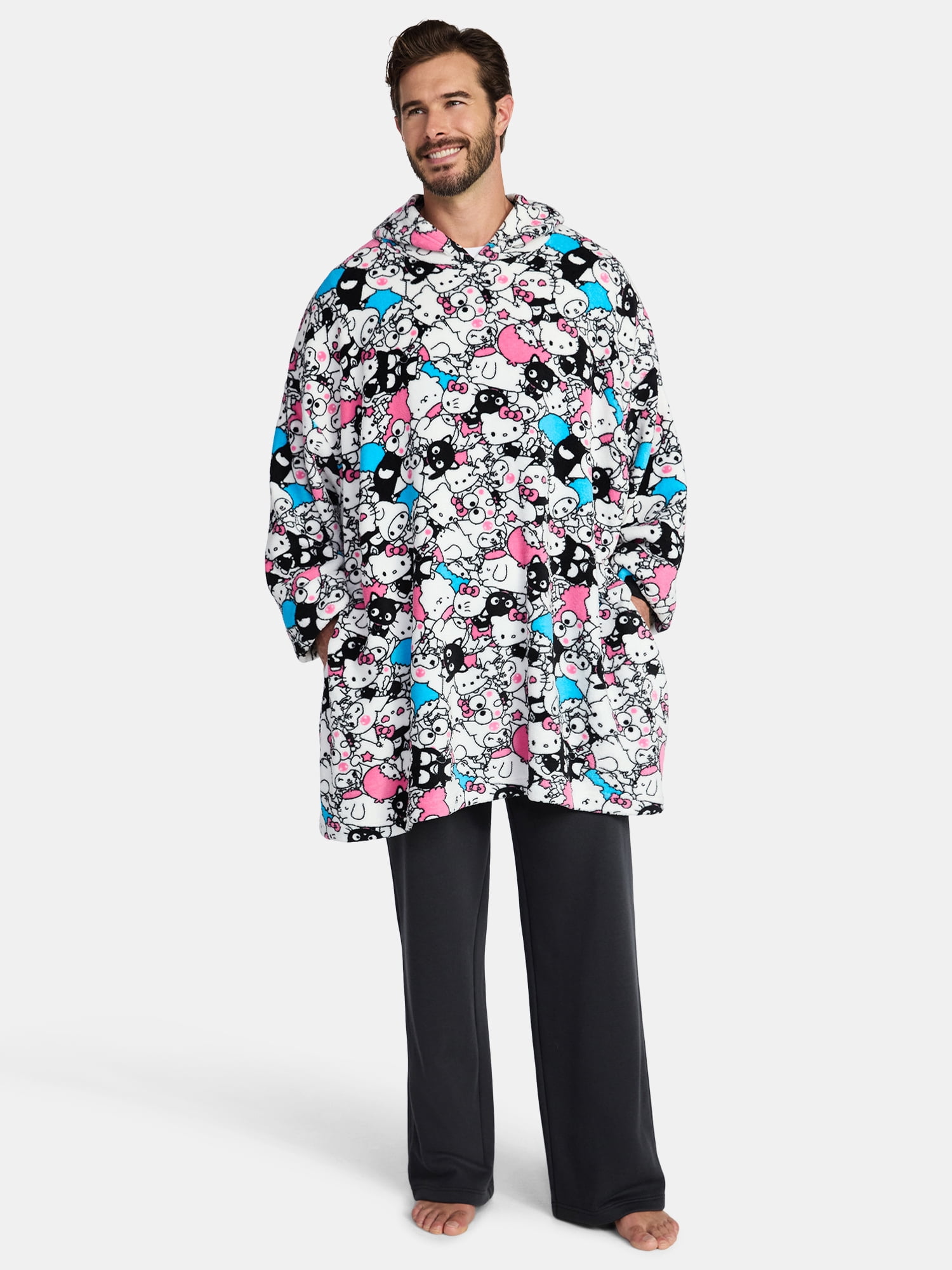 Hello Kitty & Friends Men's and Big Men's Oversized Graphic Hooded Sweatshirt, One Size Fits Most