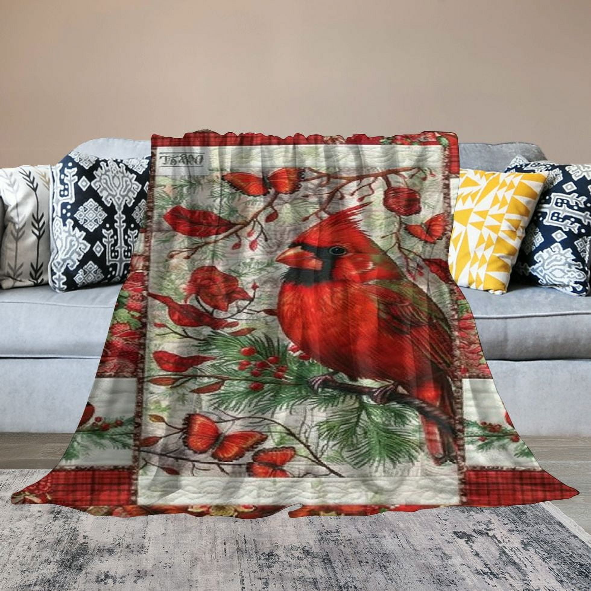 Patifu Cardinals Blanket Red Birds Throw Blanket Plush Blankets Bedding for Valentine's Day Christmas Day Soft Sofa Decor 50x60inch White