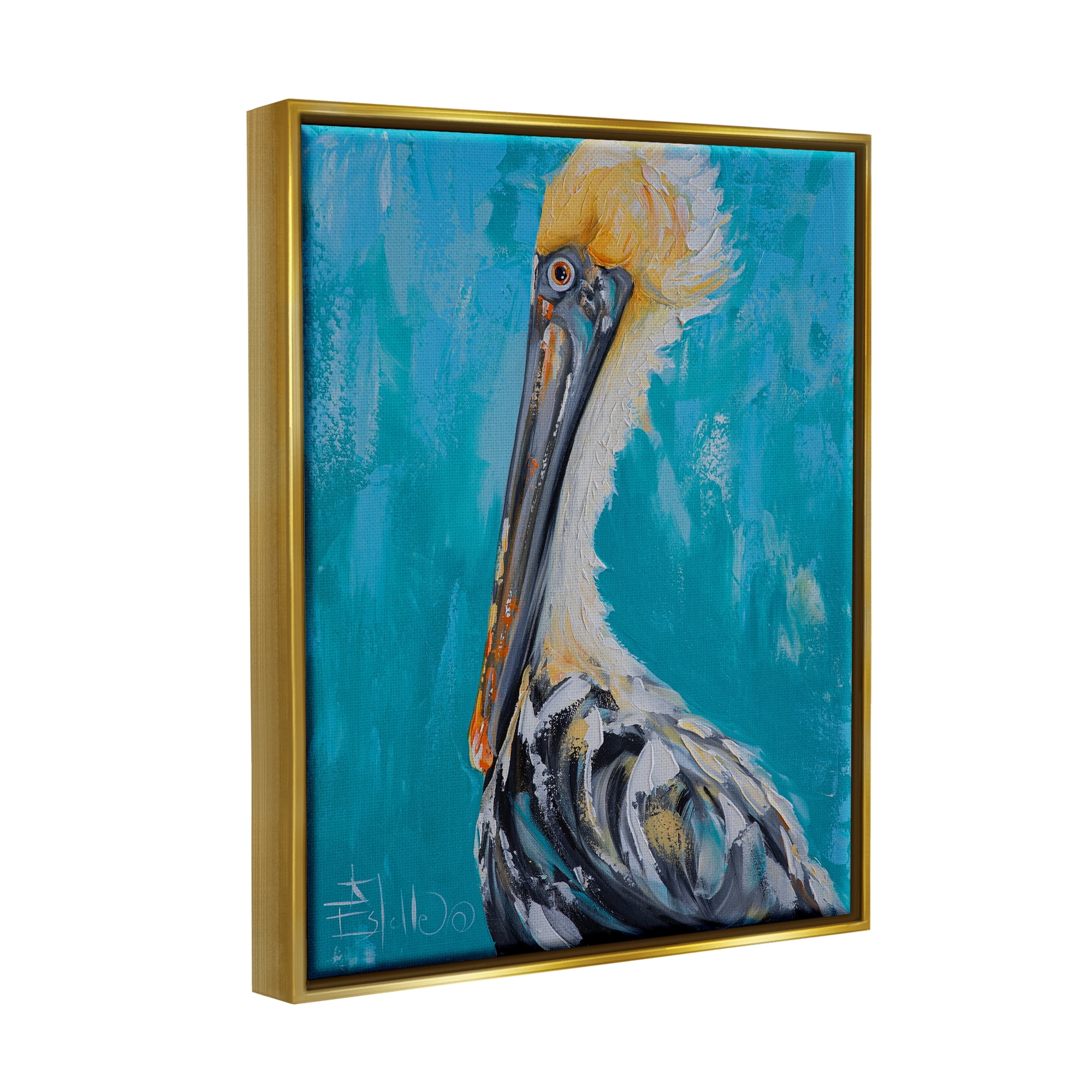 Stupell Industries Blue Pelican Painting Animals & Insects Painting Gold Floater Framed Canvas Art Print Wall Art, 17 x 21