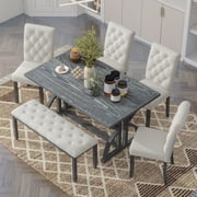 Harper & Bright Designs Farmhouse Dining Set for 6, Rectangular Kitchen Dining Table Set with 4 Upholstered Chairs and Bench, Gray Wash