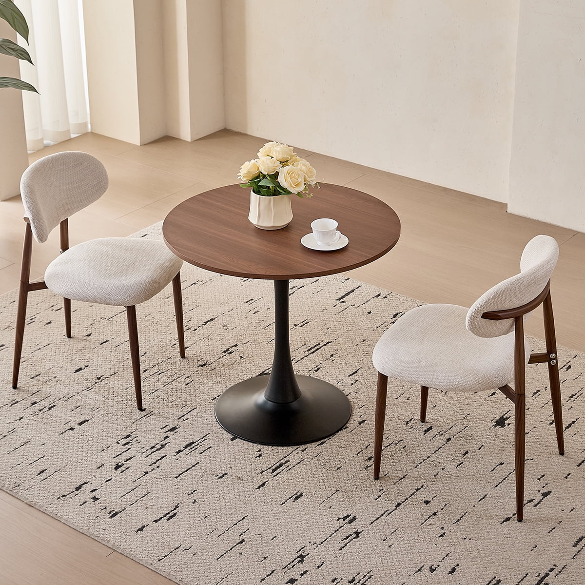 31.5" Round Dining Table for 2-4 Modern Circle Tulip Table with Metal Black Tulip Pedestal Base for Kitchen Dining Living Room Apartment Small Space Cafe, Brown