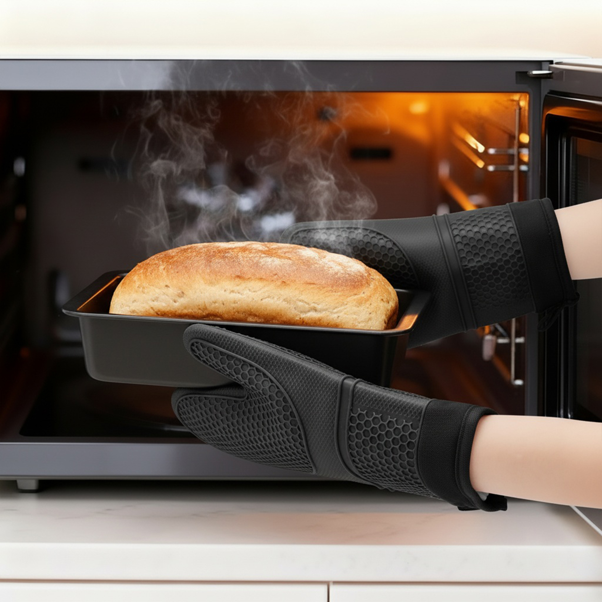 Unique Bargains Heat Resistant Soft Silicone Oven Mitts Set of 2 Black 13x7.5 Inch