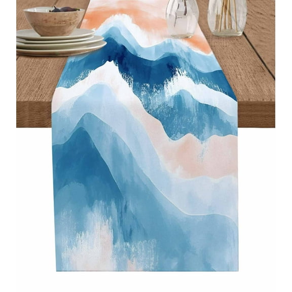 Table Runner 72 Inches Long for Kitchen Dining, Orange Navy Blue Ombre Dresser Scarf Farmhouse, Dining Table Decorations for Wedding/Parties, Abstract Beach Waves Gradient 14 x 72 In