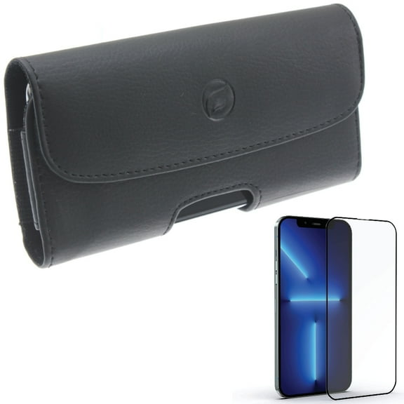 Case Belt Clip & Screen Protector for iPhone 13 Pro Max - Combo with Leather Holster Cover Loops & Anti-Glare Tempered Glass Matte 3D