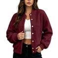 thumbnail image 2 of Karymi Button‑Down Fake Sherpa Fleece Jacket, Solid Stand Collar Long Sleeve Casual Short Outerwear with Side Pockets, 2 of 6