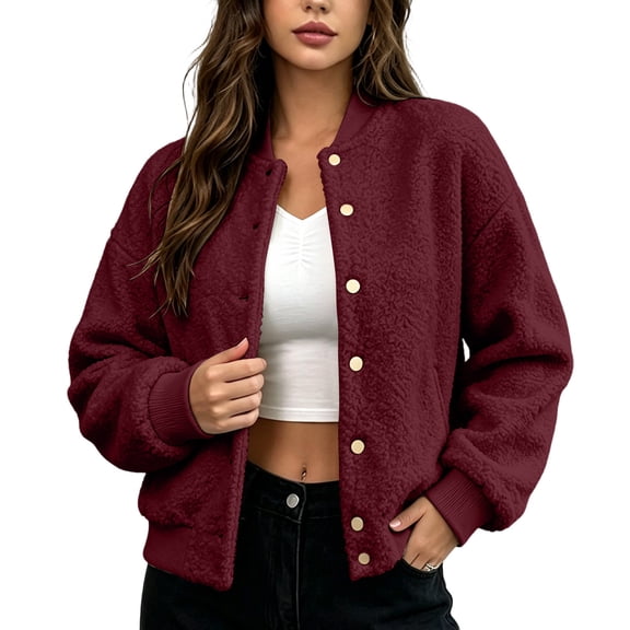 Ghalytn Women's Teddy Fleece Varsity Jacket, Button-Front Cropped Baseball Collar Coat with Ribbed Cuffs and Pockets