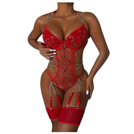 

ZXHACSJ Women s Sexy Lingerie Mesh Lace Embroidered Lingerie One-piece Set With Underwire Red L
