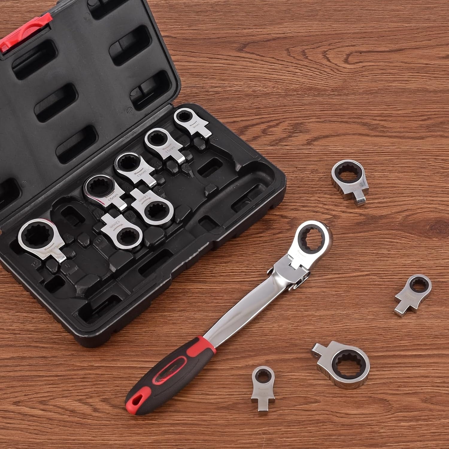 Flex Head Ratcheting Wrench Set, 8-19mm Ratchet Wrench Set with Interchangeable Heads for Mechanic Repair