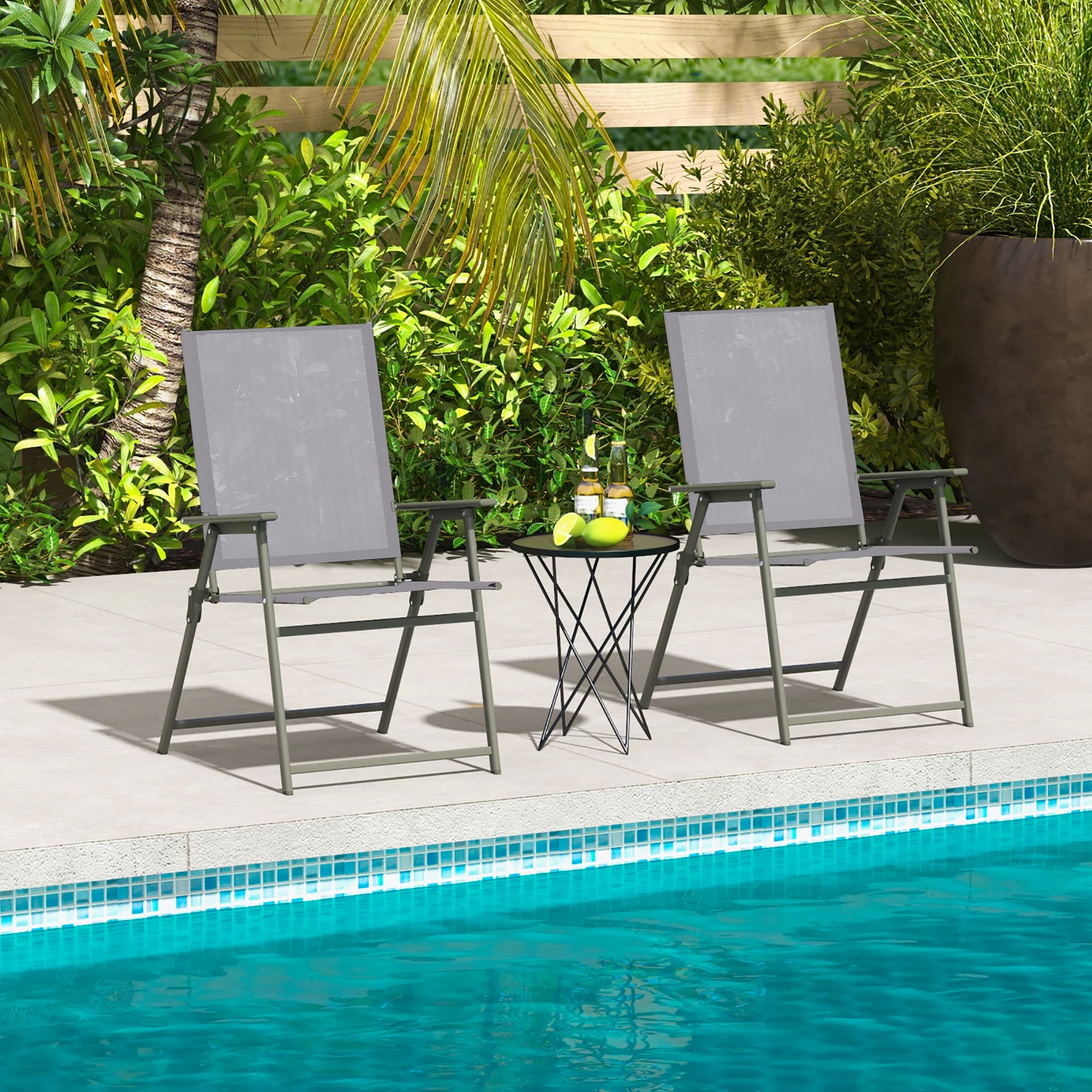 Costway 4pcs Patio Folding Portable Dining Chairs Metal Frame Armrests Outdoor Grey
