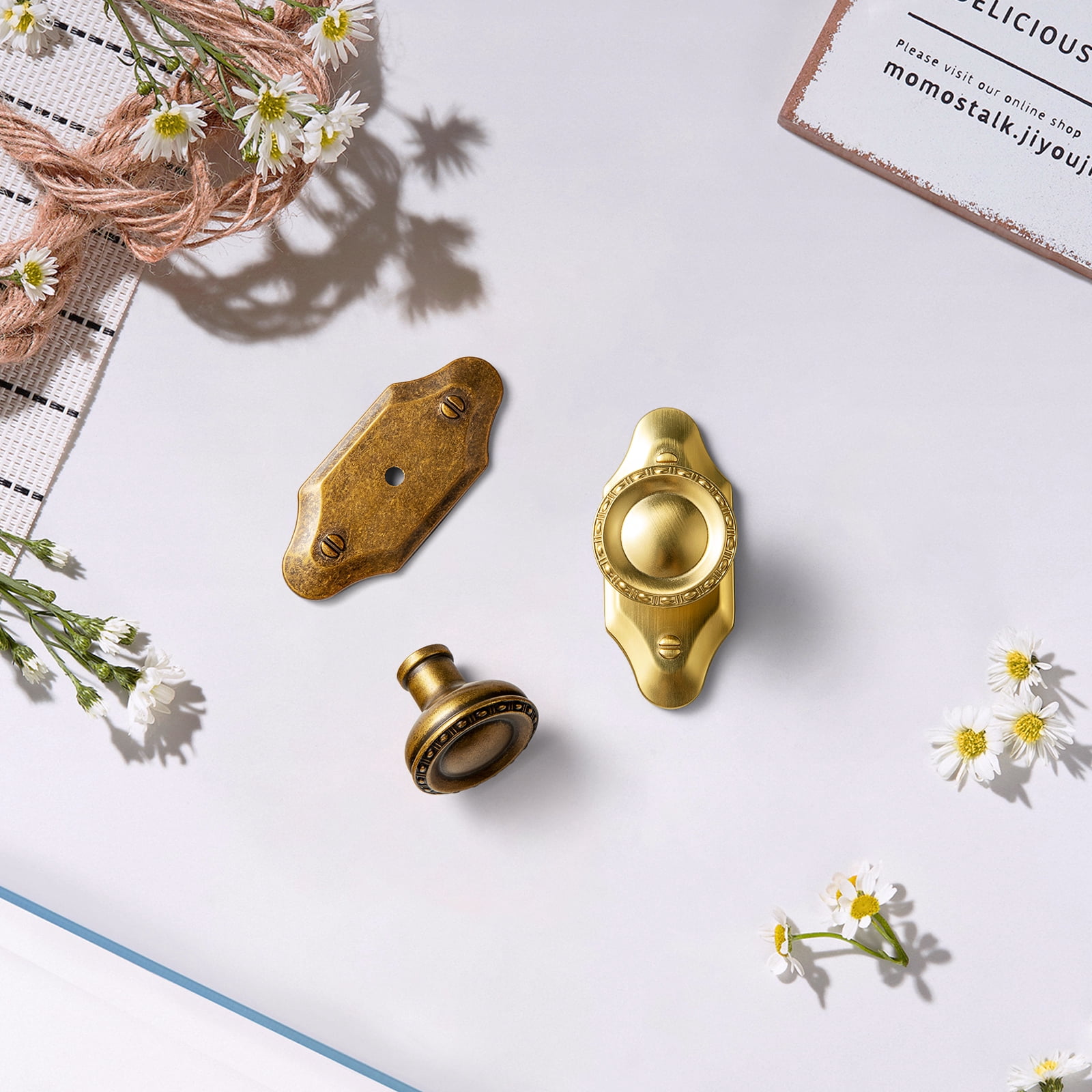 Goo-Ki 6 Pack Brushed Gold Cabinet Knobs with Backplate for Drawer Cupboard, Vintage Bronze 1.3" Dia Drawer Knob Pulls Handle Zinc Alloy Hardware