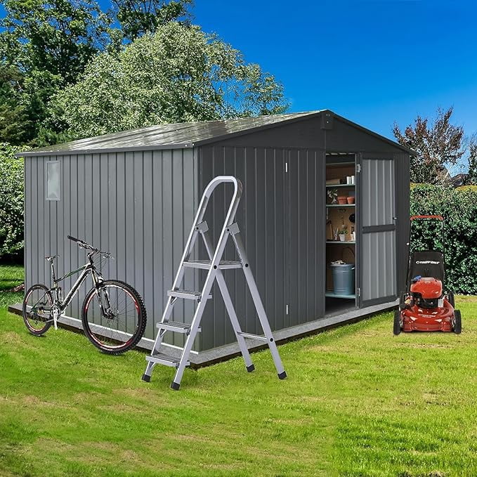 TOTAL Outdoor Storage Shed 11' x 9',Metal Steel Utility Tool Shed Storage House with Double Lockable Doors & Air Vents for Garden,Backyard,Lawn(Gray)