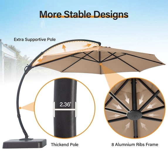 KAMEROUT 11FT Patio Umbrella with Base, Outdoor Deluxe Curvy Cantilever Umbrella for Pool Deck, Champagne