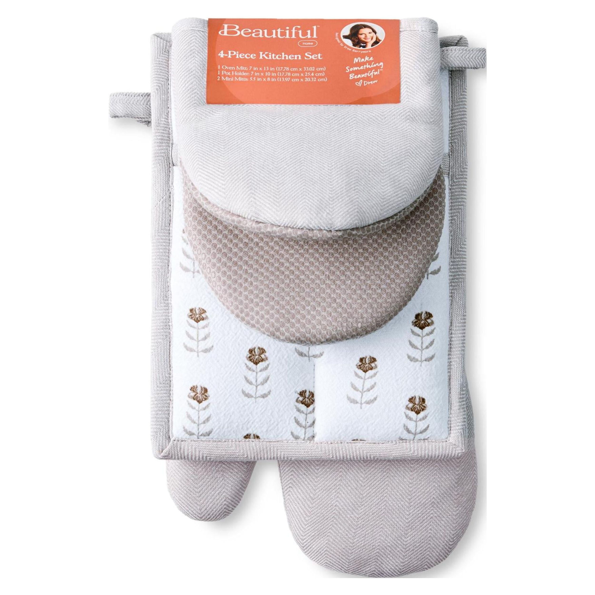 Beautiful Home by Drew Barrymore 4-Piece Oven Mitt, Pot Holder, Mini Mitt Set, Brown