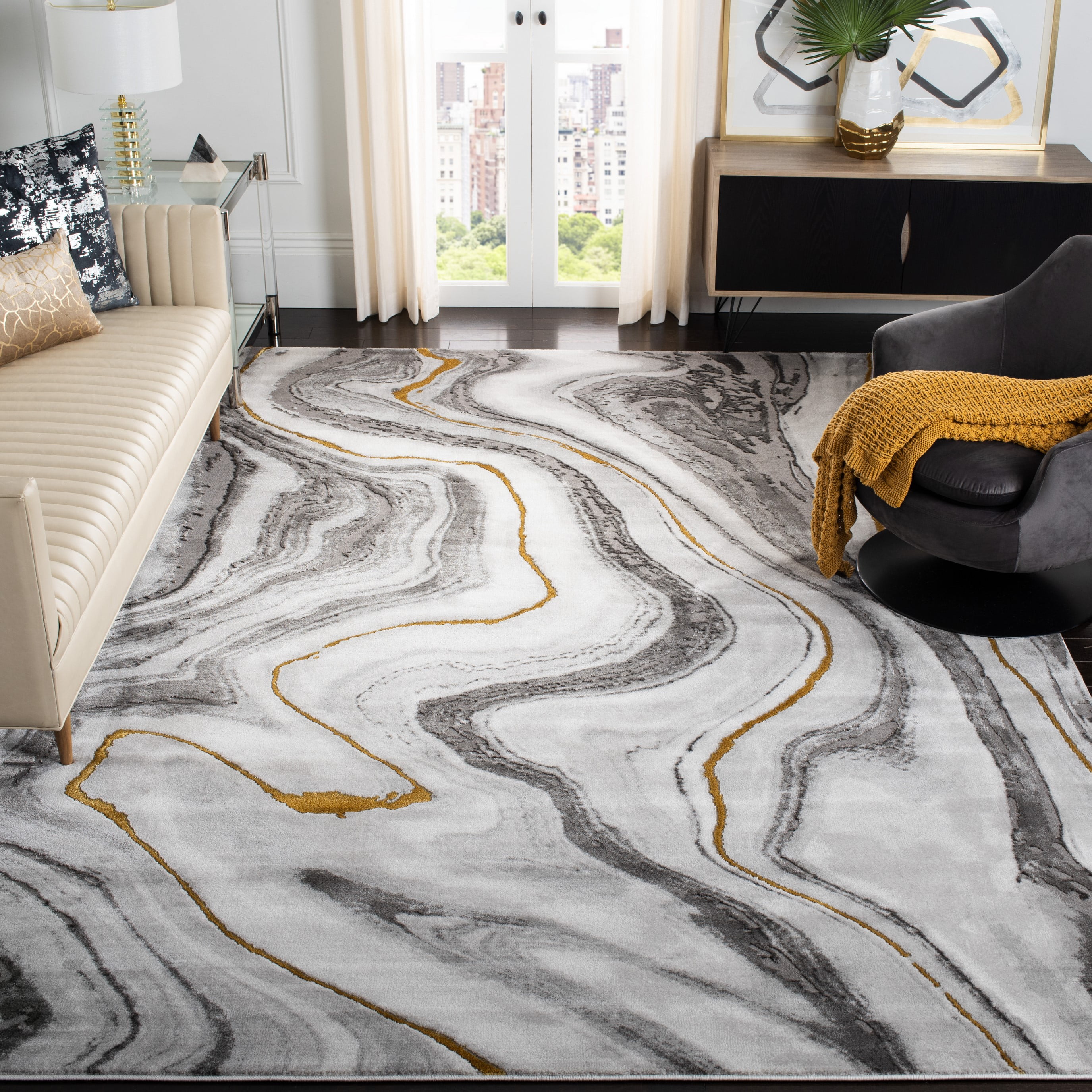 SAFAVIEH Craft Angjelko Abstract Area Rug, Grey/Gold, 11' x 11' Square