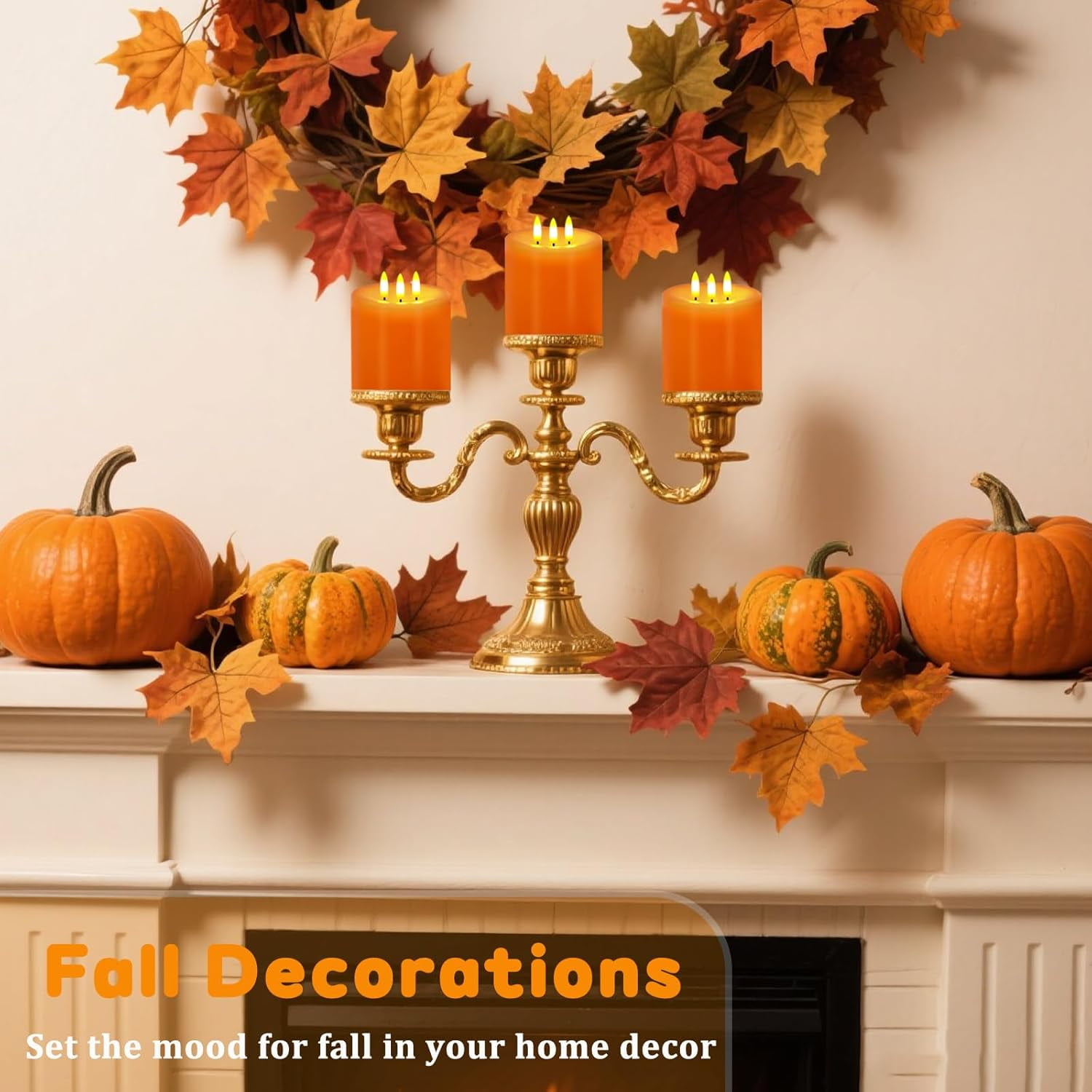 3 Wick Flameless Candles Set of 2, 4"x4" Flickering Large LED Candles with Remote & Timer, Dimmable Real Wax Pillar Candles Battery Operated, Orange Candles for Fall Thanksgiving Halloween Decor