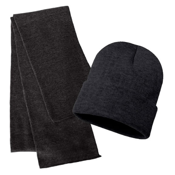 Rugby Solid Plain Long Beanie & Scarf Knit Sports Winter Set for Men & Women - Stay Warm & Stylish (Charcoal)