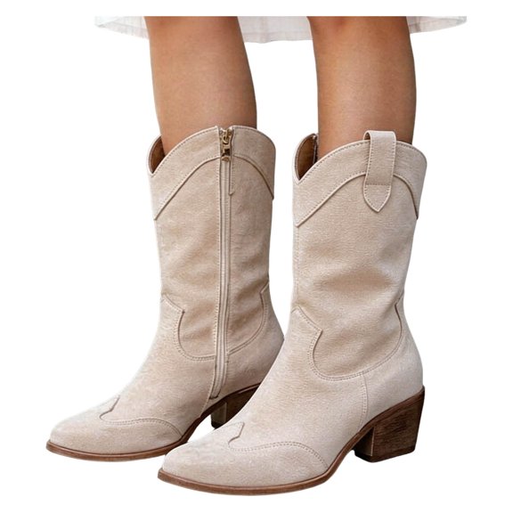 Rokment Women's Wide Calf Cowboy Boots Slouchy Solid Pointed Toe Chunky Block Heels Wide-Calf Western Cowgirl Riding Dress Boots Fall Winter