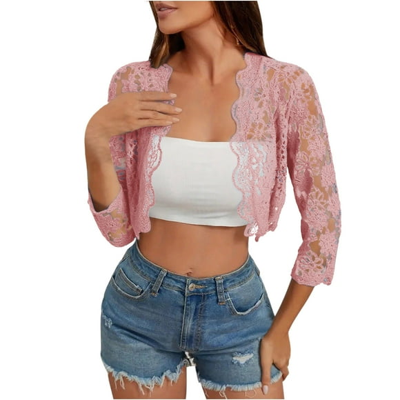 Women's Lace Shrugs 3/4 Sleeve Sheer Floral Cardigans Open Front Crochet Elegant Bolero Tops for Dresses Pink, S