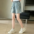 thumbnail image 6 of LIIPEE Girl Boy Jean Shorts Bowknot Elastic High Waist Denim Shorts With Pockets Kids Versatile Picnic Shorts,Blue,12-13 Years, 6 of 9