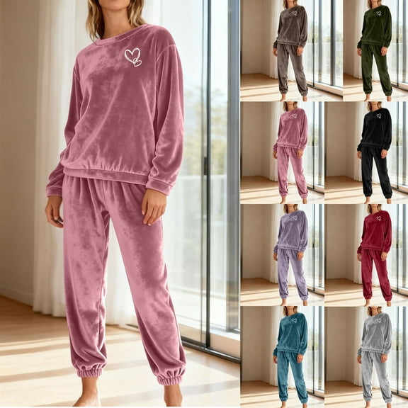 CFLVAEK Pajamas Sets for Women Thermal Winter Fuzzy Sleepwear Soft Long Sleeve Tops and Pants Two Piece Heart Print Loungewear Set Brown